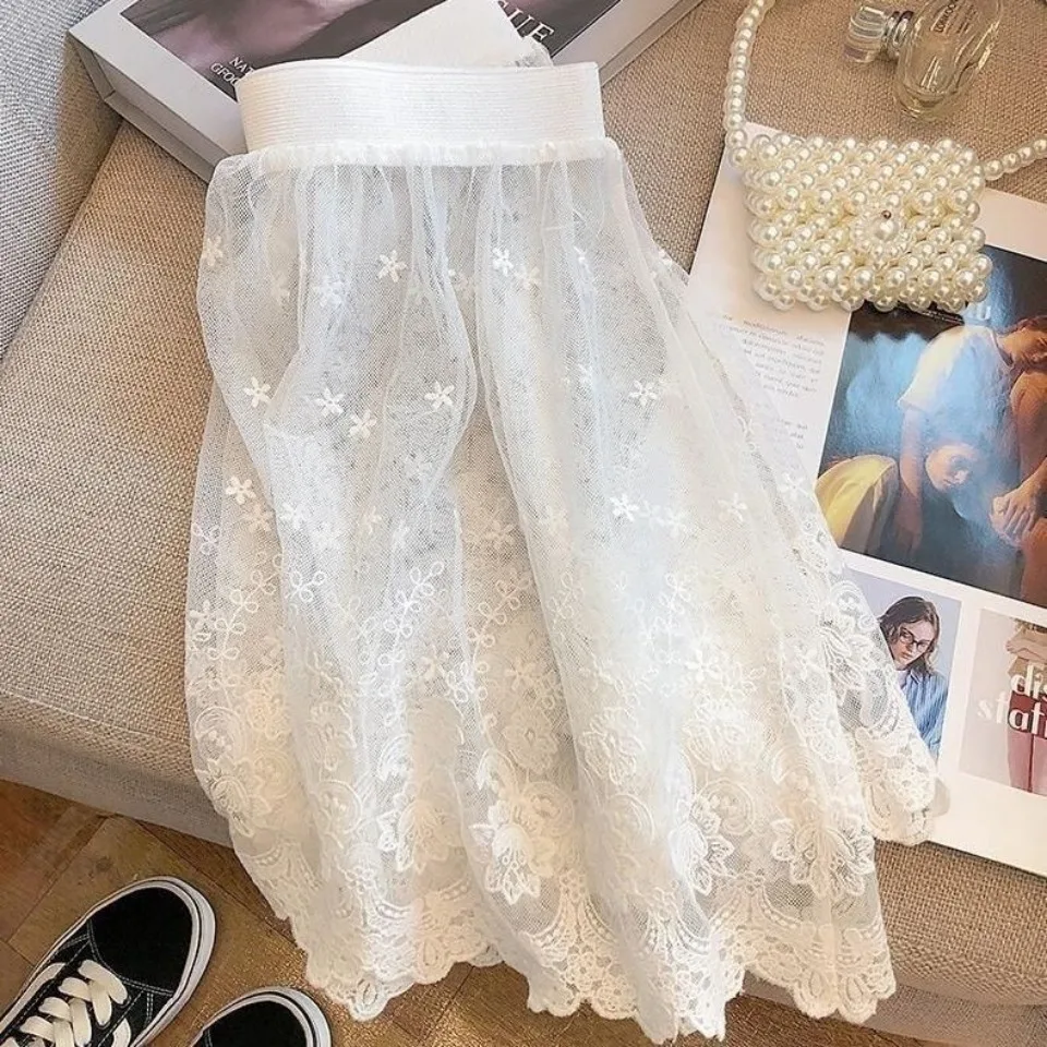 Kawaii Mini Skirt Women Streetwear Harajuku Y2k Clothes Mesh Covered Skirt Layering Bottoms White See-through Gothic New