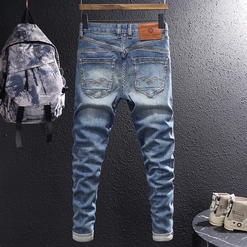 Fashion Designer Men Jeans High Quality Retro Blue Elastic Stretch Slim Fit Ripped Jeans Men Vintage Trousers Casual Denim Pants