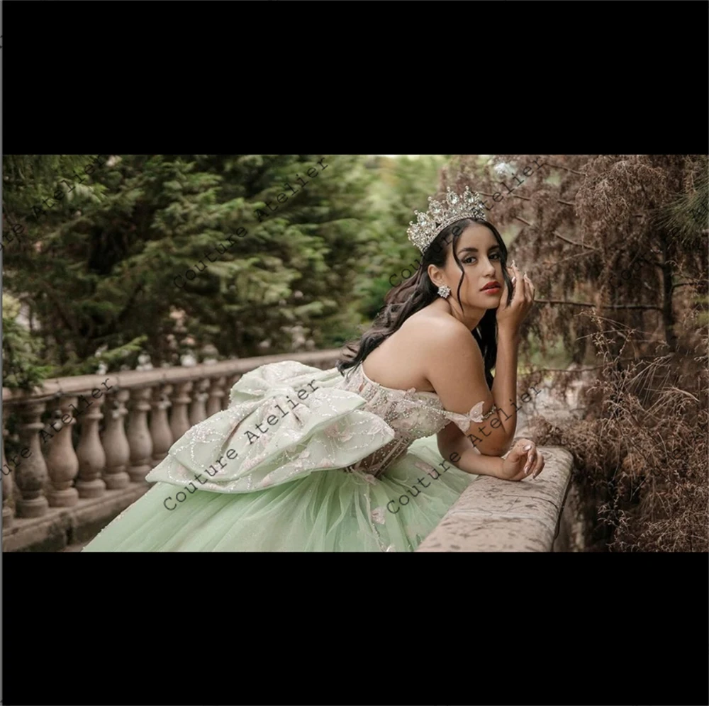 Sage Green Quinceanera Dresses Pink Butterfliy Bow Ball Gown Birthday Dress Lace Up Princess Sweet 15 16 vestidos de Customized
