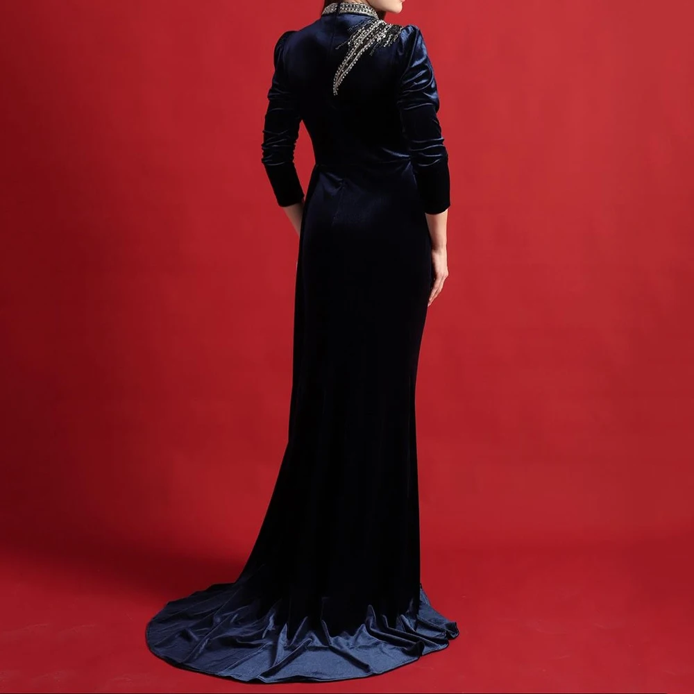 Customized Mermaid Evening Dresses Floor-length High-neck Full Sleeve Prom Gown Fashion Crystal Sequined Simple Pleat Party Gown