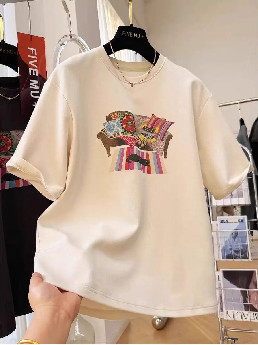 

plus Size Casual Loose Short Sleeve T-Shirt Women Summer Thin Cartoon Print Base Shirt Top Breathable Cotton round Neck Tee