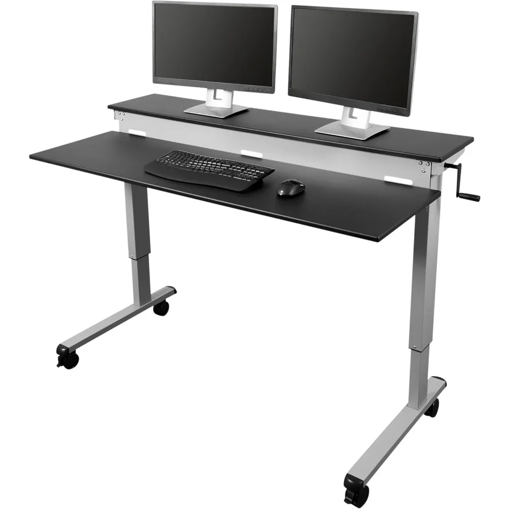 S STAND UP DESK STORE Crank Adjustable 2-Tier Standing Desk，Heavy Duty Steel Frame (Silver Frame/Black Top, 60 inch Wide)
