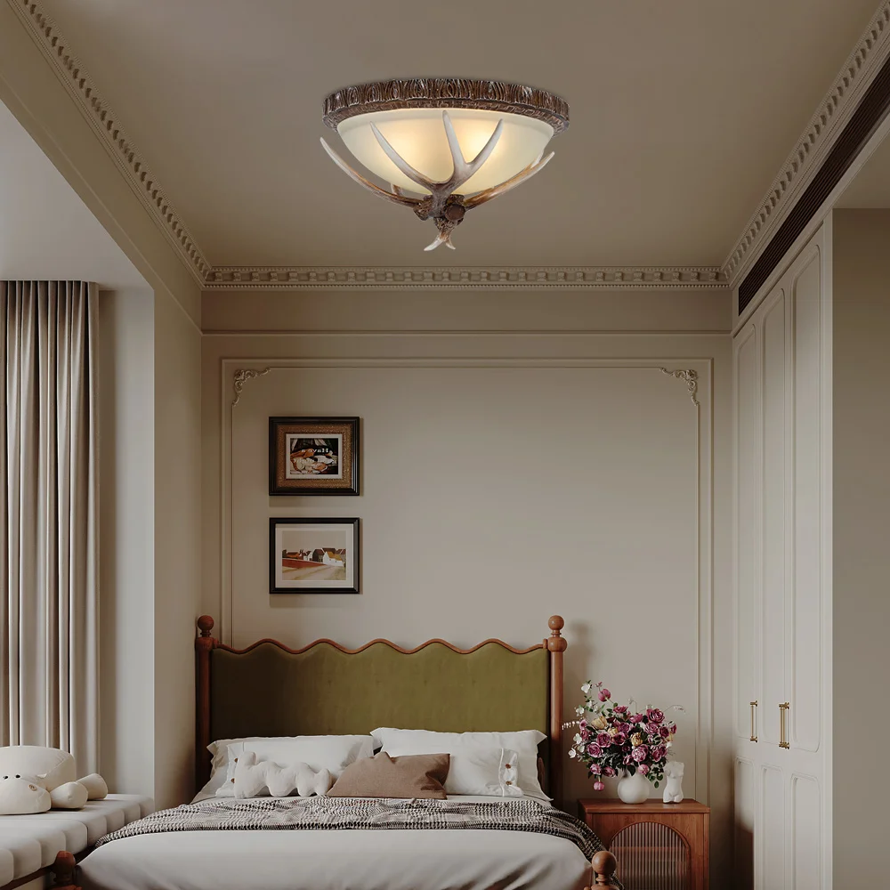 

Antler Glass Semi Flush Mount Fixture Ceiling Lighting, 3-Light Bronze Rustic Antler Bowl Style Ceiling Light 110V