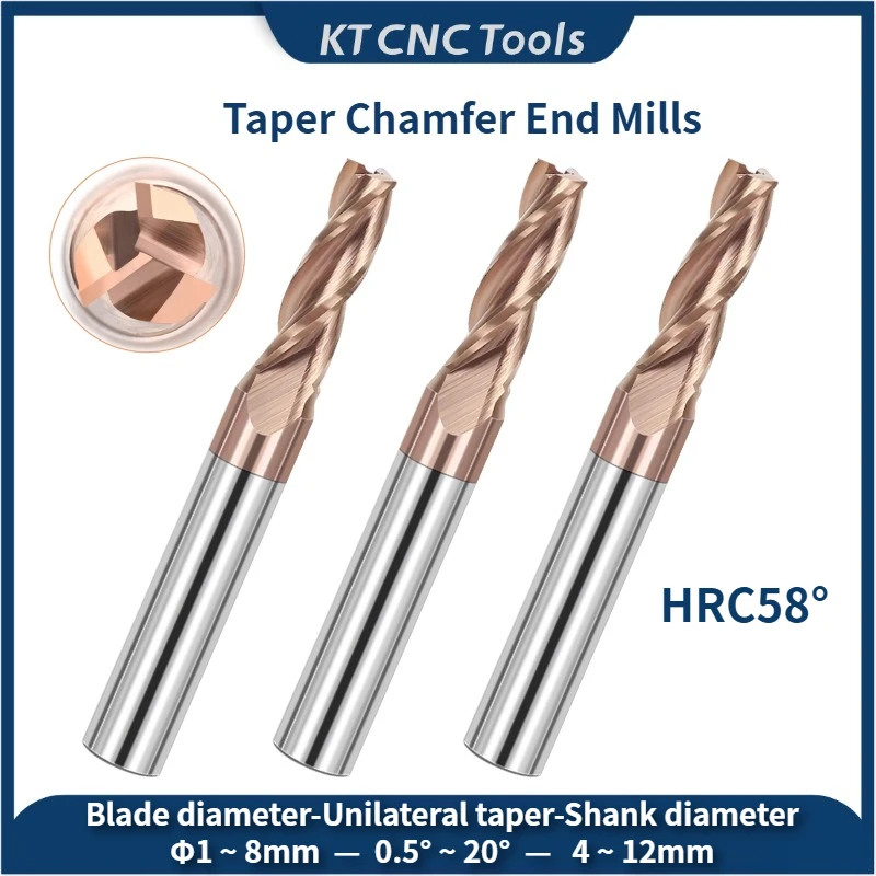 KT CNC Carbide Taper End Mill Angular CNC Machning Cutter Metal Router Bit 0.5 1 1.5 2 3 8 10 15 Degree 1-6 8 12 16 Shank HRC55
