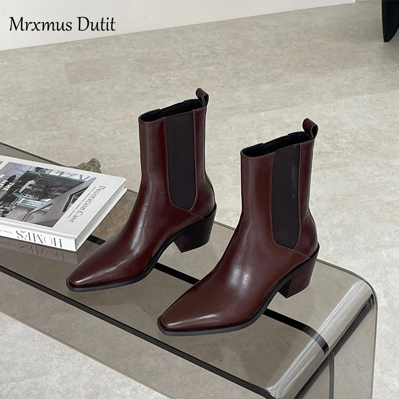 Mrxmus Dutit 2024 Autumn Winter New Women Genuine Leather Pointed Toe Rough Heel Fashion Boots Solid Simple Shoes Female Chic