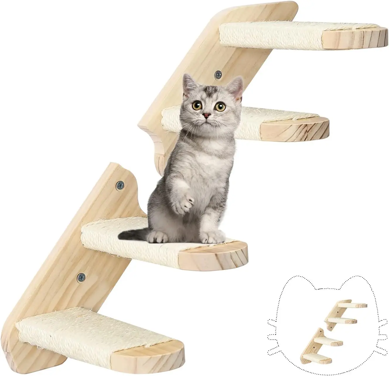 

Cat Wall Steps Shelves Cat Climbing Shelf Reversible Wall Mounted,Wooden Four Sisal Rope Step,Pet Furniture Cat Tree,Cat Hammock