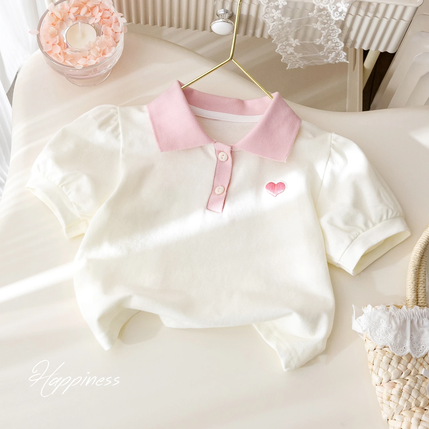 طفل الفتيات الحب المطرزة قصيرة الأكمام تي شيرت الصيف عادية الوردي التلبيب تيز لطيف الفتيات بلايز الاطفال الملابس