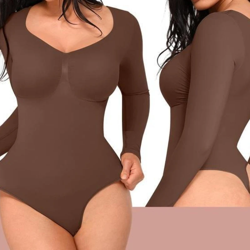 Nahtloser Langarm-Bodysuit für Damen, Langarm-Damen-Body, Streetwear, sexy Bodycon-Oberteil mit quadratischem Ausschnitt, eng anliegend, mit Schritt, Overall-Top – Detail 5