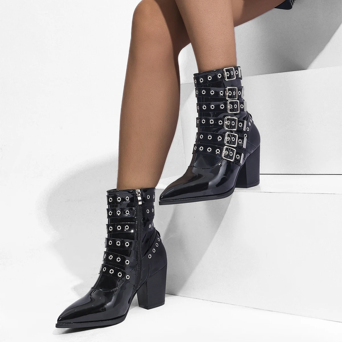 Mirror leather boots thick heel square heel pointed toe multi-row belt buckle short boots female