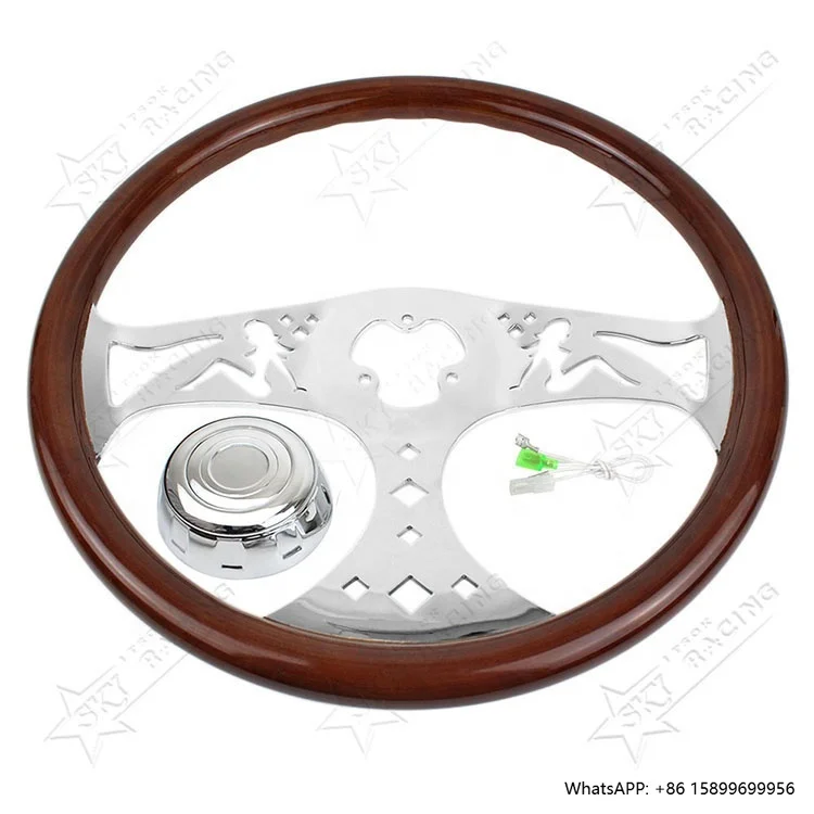 Volante de camión semirremolque de madera maciza con patrón de niña de 3 radios cromado de 18 pulgadas y 450mm para Freightliner Kenworth Peterbilt