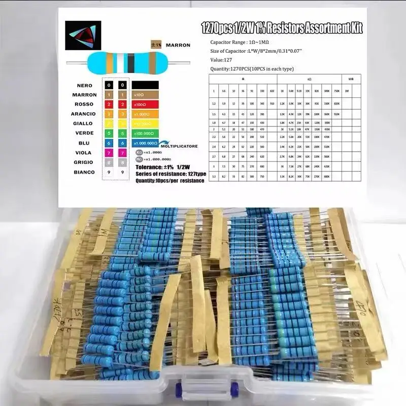 1270pcs 1/2W 1% Tolerance Metal Film Resistors, 1Ω to 1MΩ Assortment Kit with 127 Values for Electronics Projects