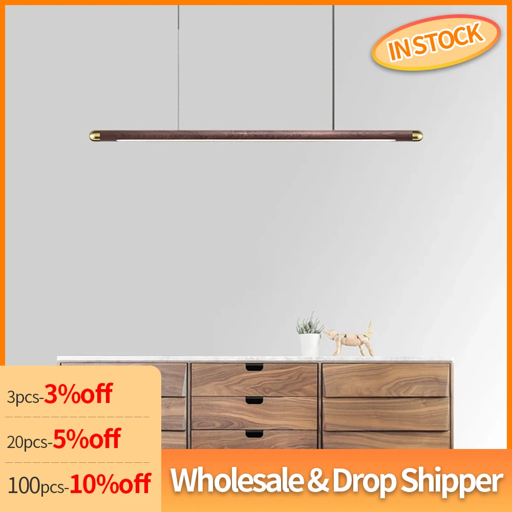 Customized Wooden Pendant Light LED Copper Circular Linear Chandelier Table Strip Pendant Lamp For Kitchen Home Lighting Fixture