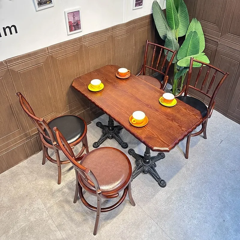 Modern New Style Coffee Shop Table and Chair Set Milk Tea Dessert Small Round Table Solid Wood Table and Chair Commercial Use