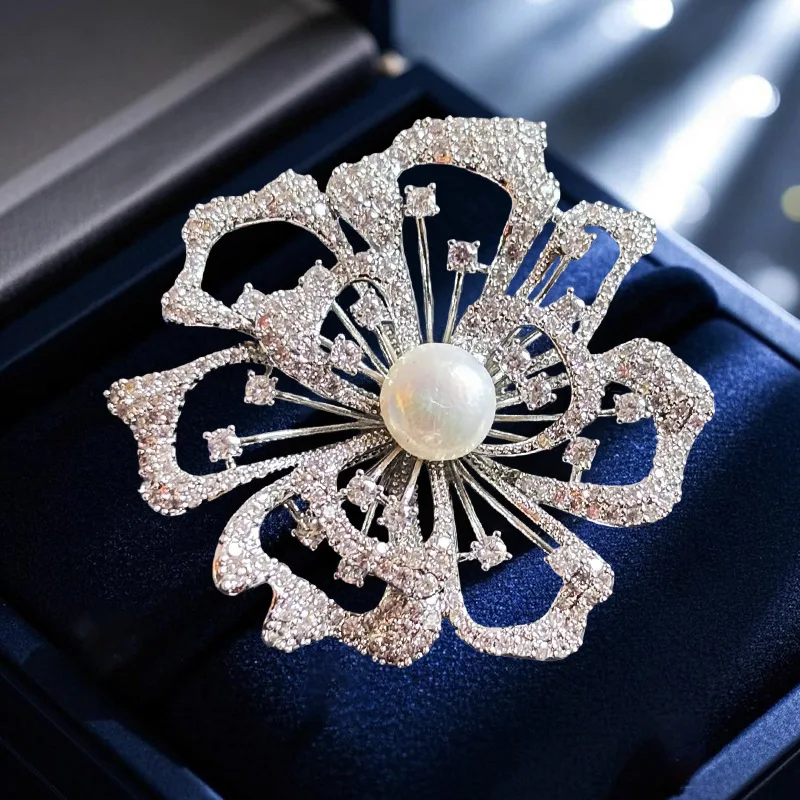 

2025 High-end Zircon Inlaid Flower Brooch Elegant Luxury Handmade 75-80mm Freshwater Pearl Floral Corsage for Women Accessories