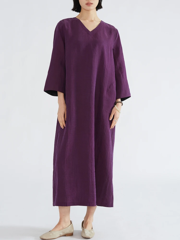 Double Sided 100% Natural Mulberry Silk Gambiered Guangdong Gauze Turtle Cracked Chinese Style V-neck Long Sleeved Dress