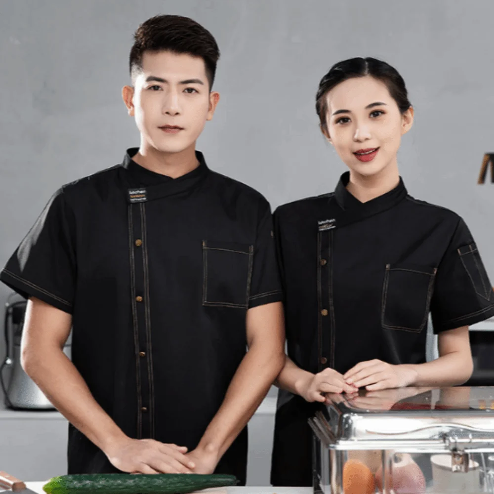 Uniforme de Chef en maille respirante, vêtements de travail de Chef résistants à l'usure à manches courtes, chemises de cuisine noires épaisses pour Restaurant