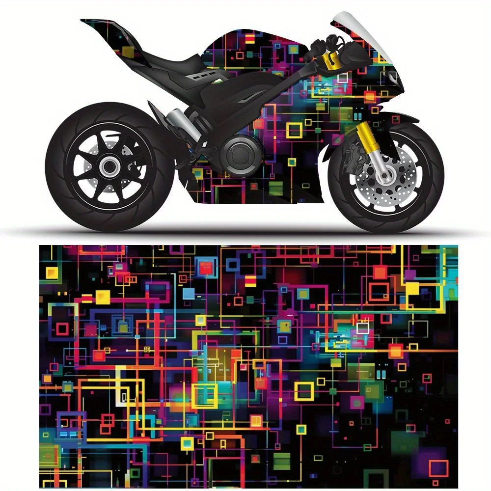 

Striking Cyber Square Pattern PVC Motorcycle Vinyl Wrap, Self-Adhesive Waterproof Sticker, Anti-Scratch Decorative Film for Bike