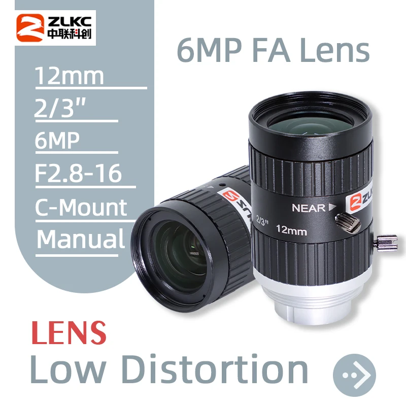 ZLKC FA Lens 12mm C Mount 2/3 Inch Low Distorsion 6 MP Manual Iris F2.8 Machine Vision CCTV Parts Macro Lenses for Basler Camera