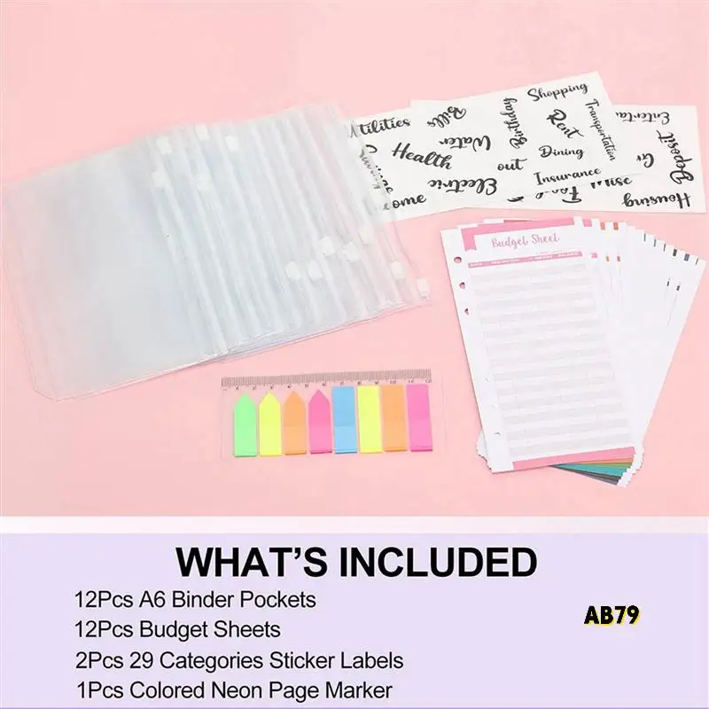 54 แพ็ค A6 กระเป๋า Binder ชุด A6 Binder กระเป๋าซิปค่าใช้จ่าย Budget แผ่นเงินสดซองจดหมายป้ายสติกเกอร์ Neon หน้า