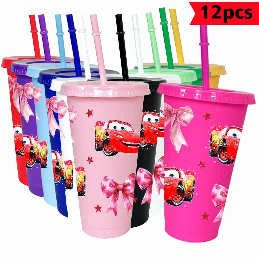 

12pcs/pack Disney Lightning McQueen Bow 26oz Multicolor Plastic Water Cup Party Drinkware Birthday/Back to School Gift