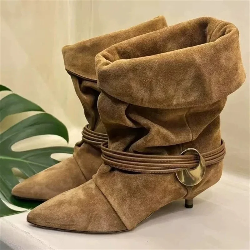 

Eilyken Fashion Turned-over Edge Metal Buckle Pointed Toe Women Ankle Boots Autumn Winter Low Heels Party Dress Shoes