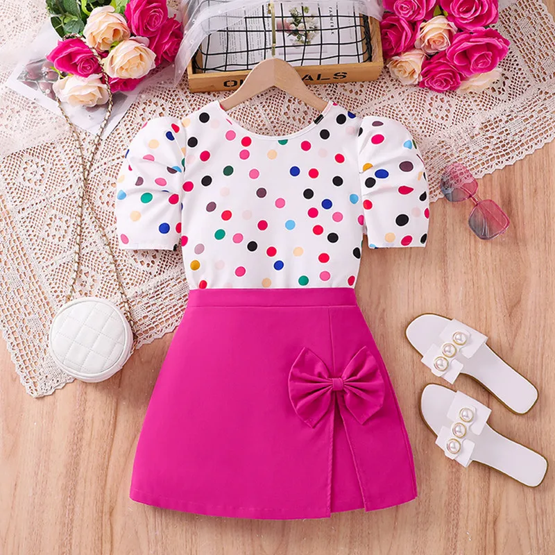 8 to 12 Years Big Girl Shorts Sets Summer Clothes Colorful Dot Print Short Sleeve T-Shirt Mini Skorts with 3D Bow