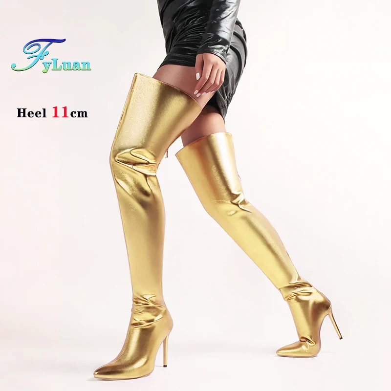 النساء عودة البريدي الذهب فوق الركبة الأحذية 11 سنتيمتر رقيقة عالية الكعب ملهى ليلي أشار تو أحذية طويلة أحذية الحفلات الإناث بوتاس حجم كبير