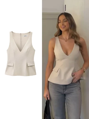 TFMLN, falda lisa para mujer, Tops con dobladillo, moda Primavera Verano, camisas elegantes sin mangas con cuello en V y bolsillos, Tops informales para mujer dulce
