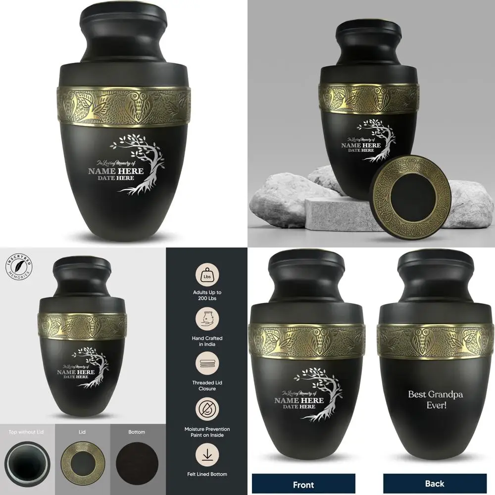 

Custom Engraved Adult Cremation Urn for Ashes with Metal Vessel and Gold Rim Design | Personalized Name Urn Long-tail Keyword