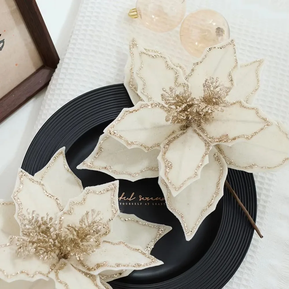 

Vibrant Colors Artificial Xmas Flower Long-lasting Eye-catching Simulation Christmas Flower High-grade Festive Glitter Flower