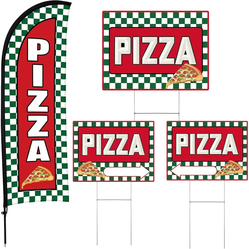 

4 Sets Pizza Sign Sets 1 Pack Pizza eather lag Banner 3 Pack Double Sided Directional Arrows with Metal Stakes or Yard Outside,