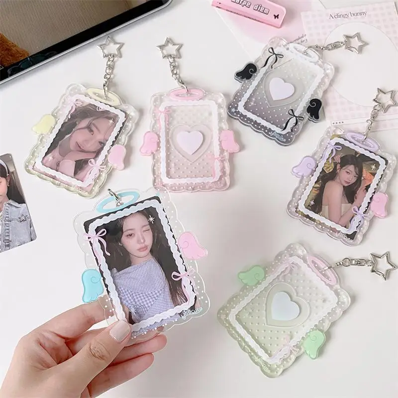 Kpop Acrylic Transparent Card Holder Cute Girl Idol Photo Storage Card Bag Pendant Decorative Keychain Heart Wing ID Card Sleeve