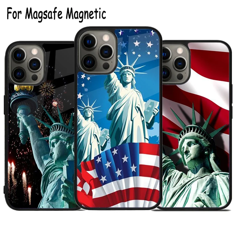 American Statue Of Liberty American Flag Wireless Magsafe Phone Case For iPhone 15 16 14 13 11 12 Pro Max Plus Magnetic Cover