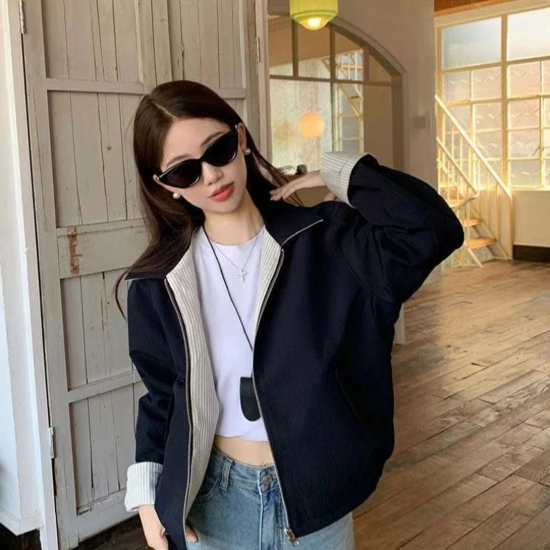 

2025 Spring Autumn Vintage Striped Jacket Women's Reversible Zip Up Loose Fitting Outerwear