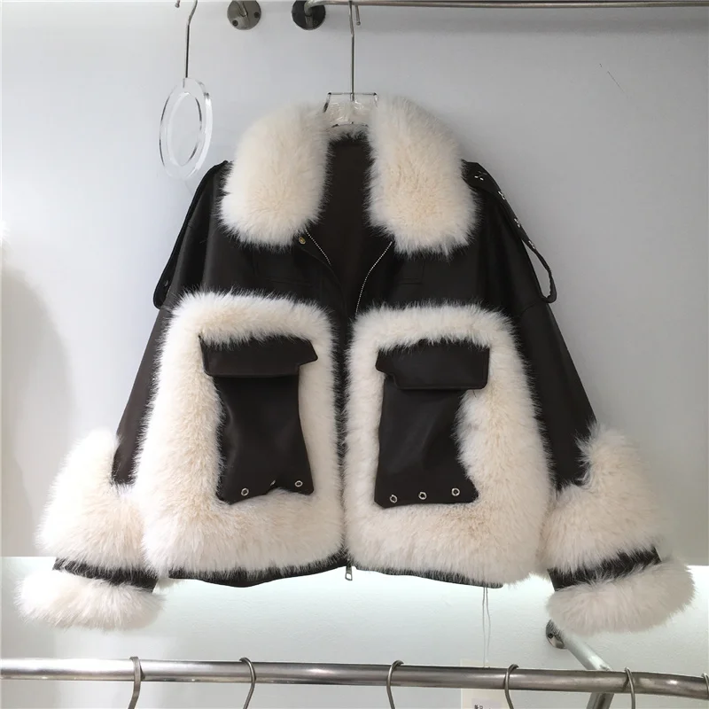 fashion 2023 winter office new lady imitation fox fur coat female short big pocket rivets faux fur jacket chic women\'s clothing