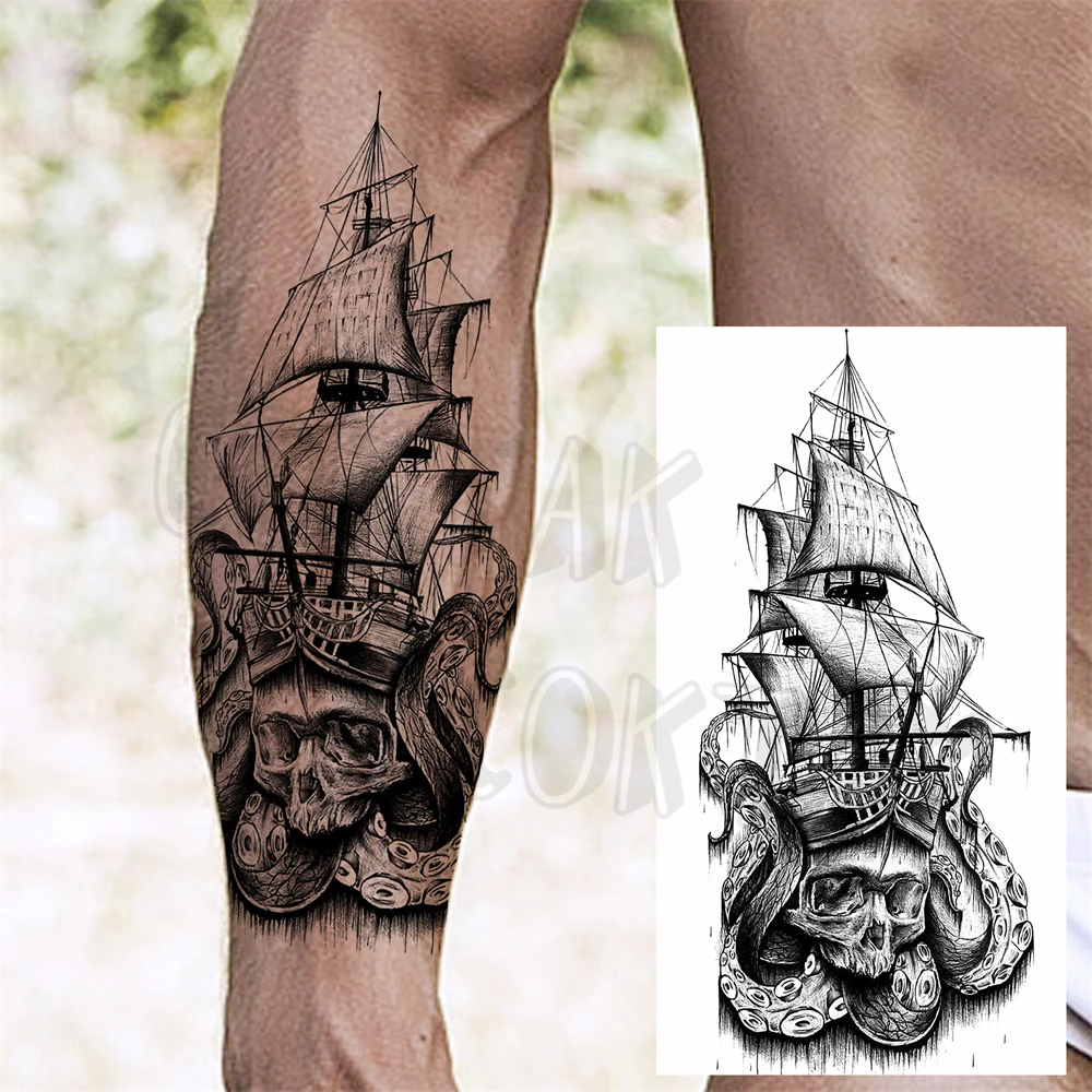 Realistic Skull Sickle Temporary Tattoos For Women Adult Men Robot Pistol Pirate Ship Fake Tattoo Arm Body Art Washable Tatoos