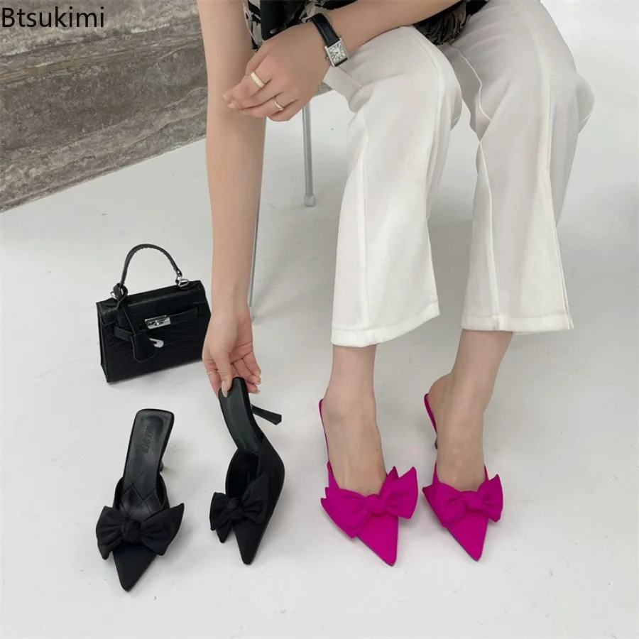 

New Summer Women's Sandals Big Butterfly-knot Slippers for Women Shallow Pointed Toe Mules Stripper High Heel Pumps Ladies Shoes