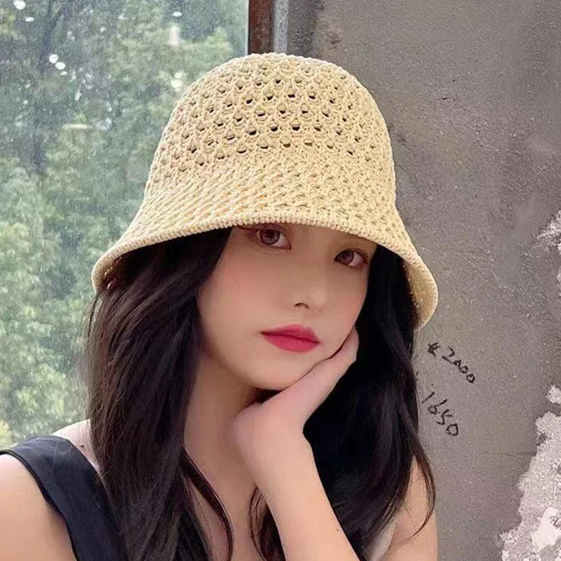 Bucket Hat Spring Summer Hollow Knitted Hat Solid Color Sunhat Fisherman Caps Casual Foldable Beach Cap