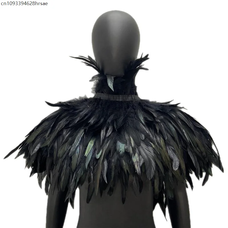 Women Natural Feather Shrug Shawl Fake Collar Gothic Shoulder Wrap Cape Collar with Ribbon Ties Cosplay Costume Party Scarf Prop