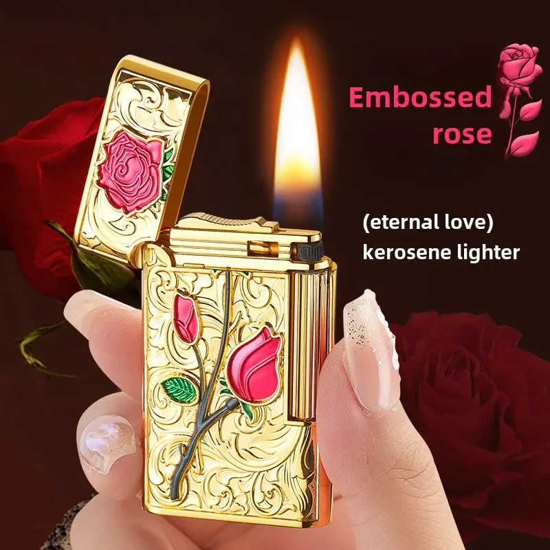 Tiktok Metal Side Play Langsheng Grinding Wheel Open Flame Kerosene Lighter Wholesale Creative Personalized Rose Gifts Windproof