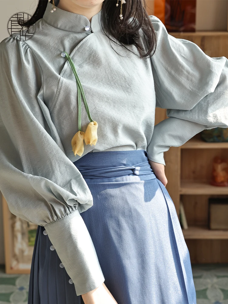 

Qingan WanHua, новая китайская женская блузка Long Sve irt с небольшим воротником-стойкой, тюльпан, национальная блузка Sle, тун...