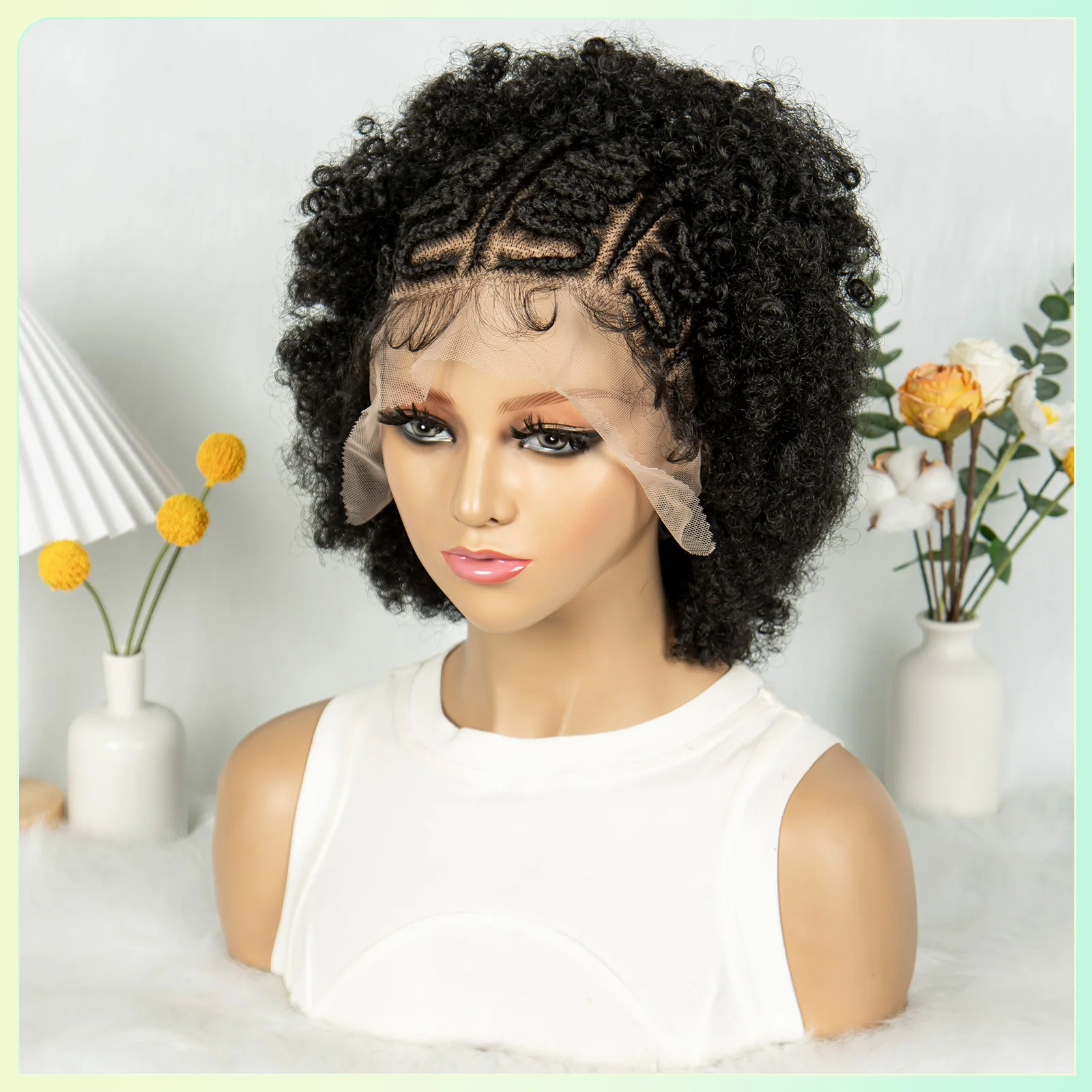 Cornrow Braided Wigs Transparent Full Lace Synthetic Natural Afro Kinky Curly Braided Lace Wigs With Baby Hair for Black Women