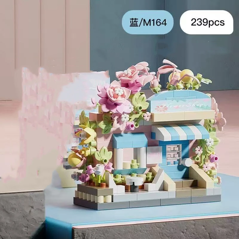 Mini escena de calle, cuento de hadas, ciudad, sol, tienda de flores, casa, adornos arquitectónicos de micropartículas, bloques de construcción para niños