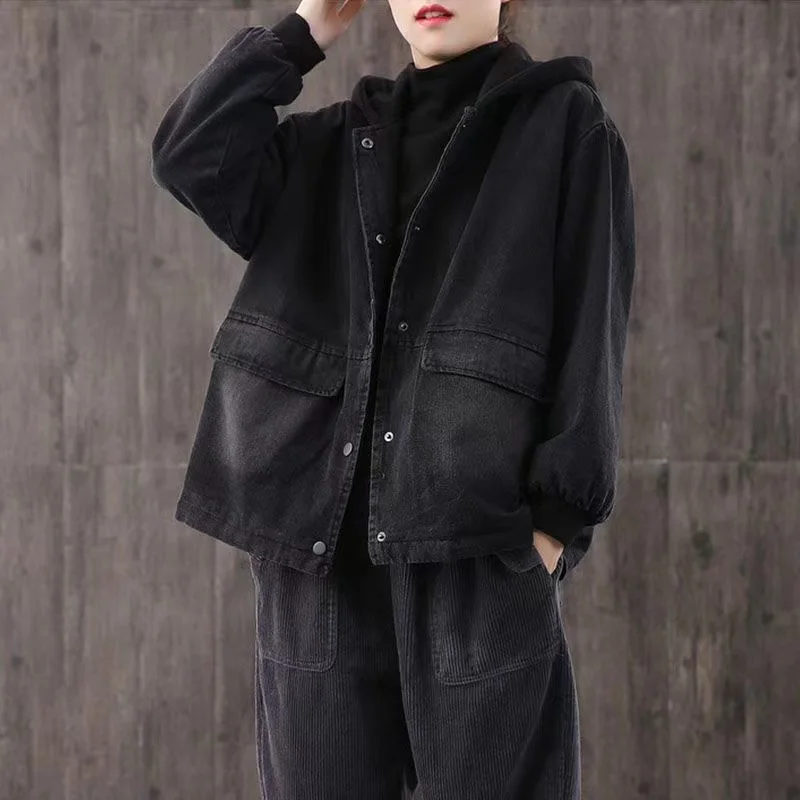 

Женское джинсовое джинсовое пальто в стиле ретро Thiened Fce ort Svel, осенне-зимнее пальто большого размера, теплое винтажное хлопковое пальто с капюшоном C...