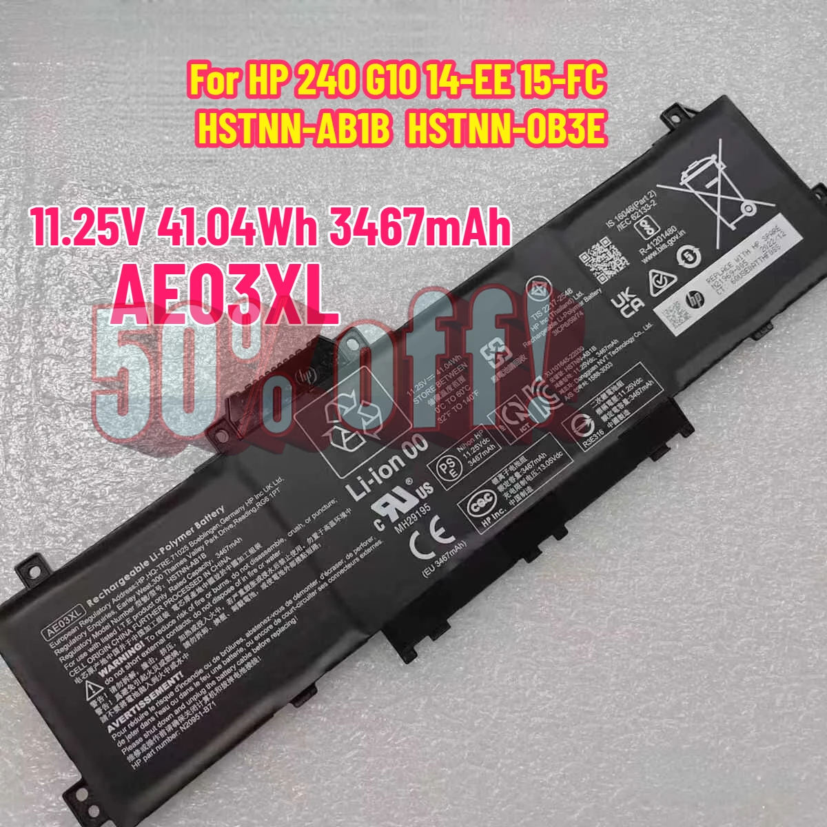 

11.25V 41.04Wh 3467mAh Laptop Battery AE03XL for HP 240 G10 14-EE 15-FC HSTNN-AB1B HSTNN-OB3E