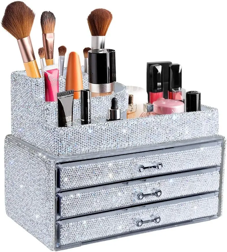 Makeup Organizers Drawer Bling Diamond,Countertop Jewelry Cosmetic Storage Display Boxes,Makeup Brush Holder