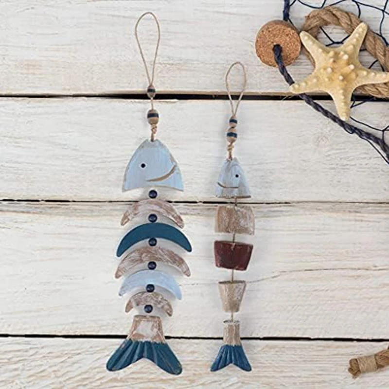 Wooden Fish Decor,Hanging Fish Chime, Hand Carved Fish Wall Decor For Nautical Theme, Pack Of 2