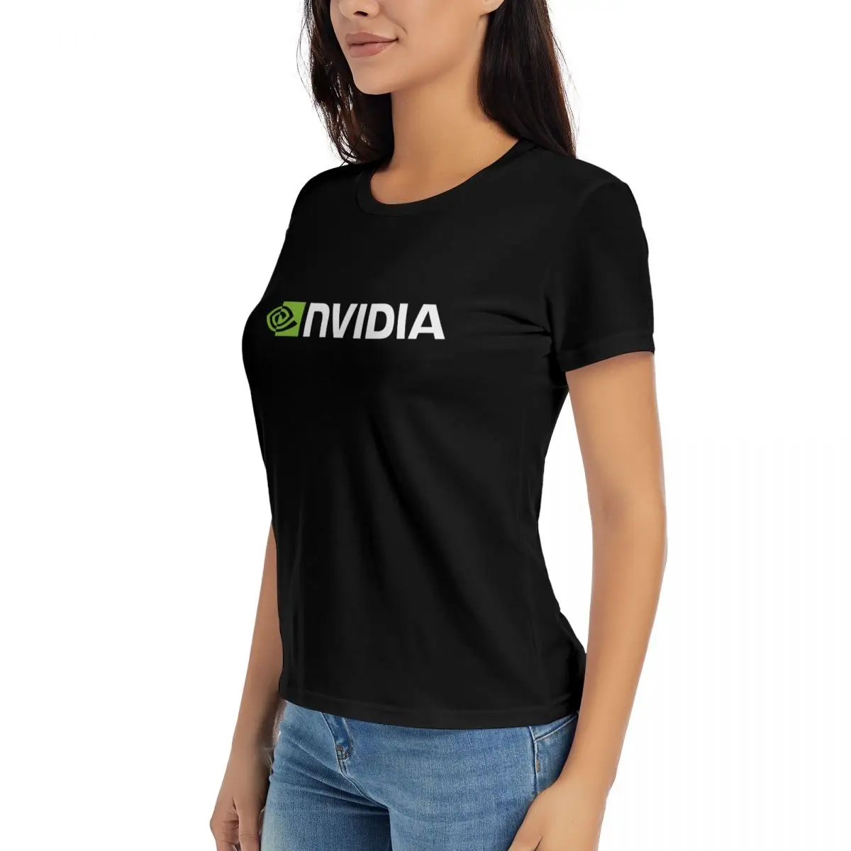 Camisetas de algodão de manga curta Nvidia para mulheres, O-Neck Tops