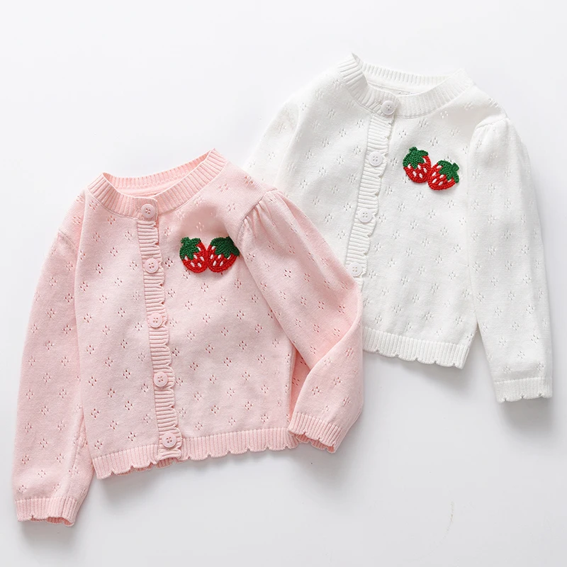 

Baby Girls Knitted Cardigan Sweater Strawberry Doll Collar Crochet Button Closure Clothes Outerwear Spring Kids Tops Outfits