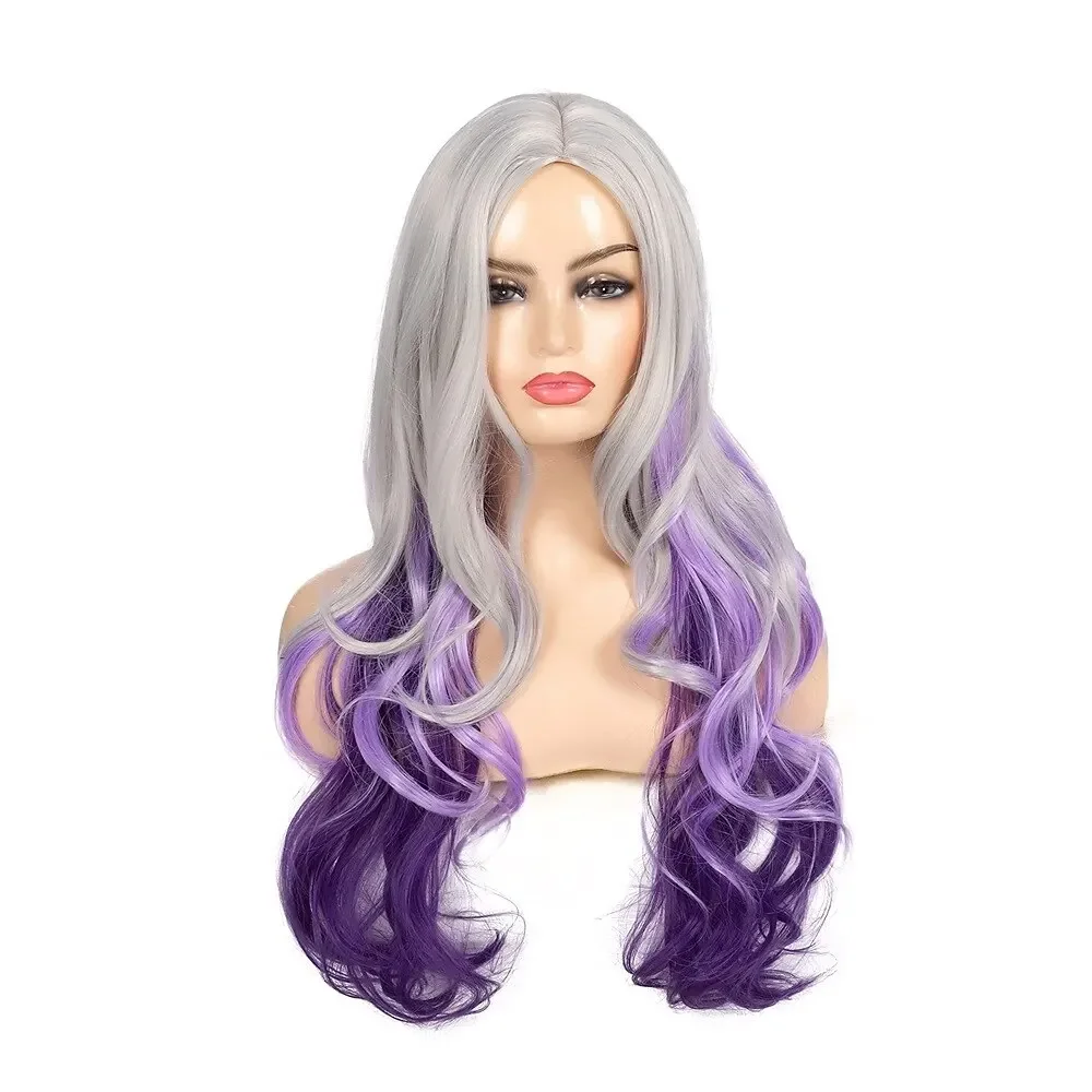 Synthetic Hair  Long Curly Wavy Silver Grey to Purple Side Part  Cosplay Wigs for Women Halloween